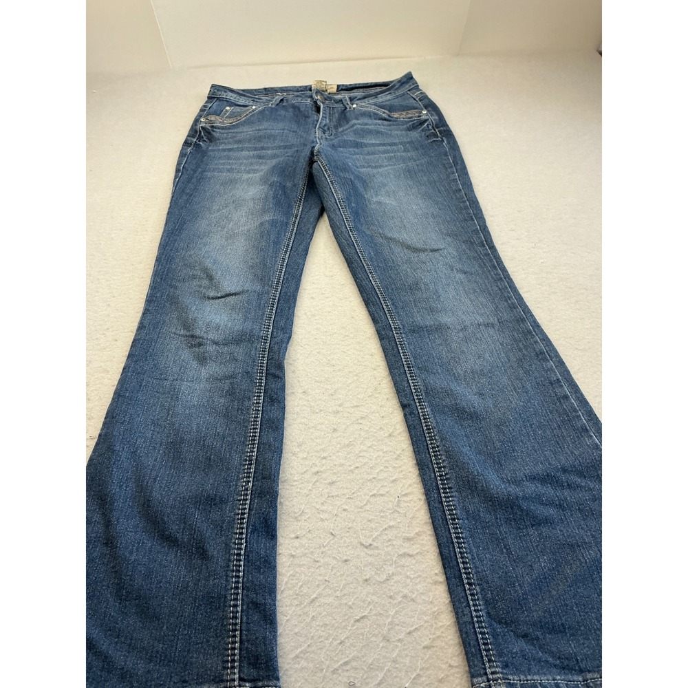 Earl Jean Y2K Bootcut‎ Jeans Rhinestone Flap Pocket Blue Denim Womens Size 10